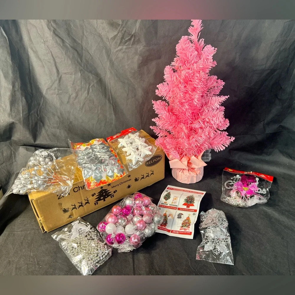 Vibrant Pink Holiday Tree with Ornament Set